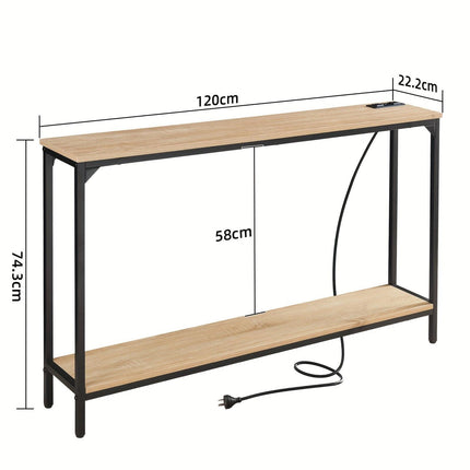 2 Tier Console Table with Power Outlets and USB Ports, Wood Entryway Table with Charging Station & Storage Shelf, Narrow 2-Tier Sofa Table for Living Room Hallway Foyer.