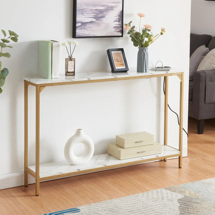 2 Tier Console Table with Power Outlets and USB Ports, Wood Entryway Table with Charging Station & Storage Shelf, Narrow 2-Tier Sofa Table for Living Room Hallway Foyer.
