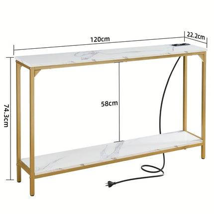 2 Tier Console Table with Power Outlets and USB Ports, Wood Entryway Table with Charging Station & Storage Shelf, Narrow 2-Tier Sofa Table for Living Room Hallway Foyer.