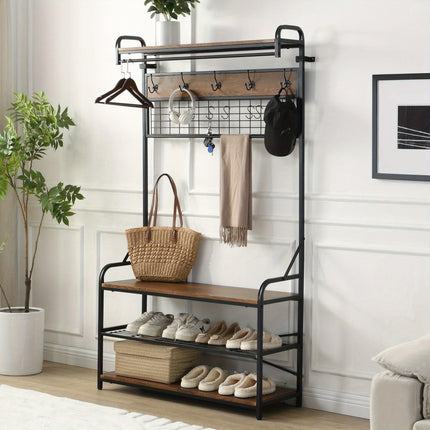 5-in-1 Entryway Hall Tree and 3 Tier Storage Bench, Pipe Style Coat Rack with 9 Hooks, Rustic Brown.