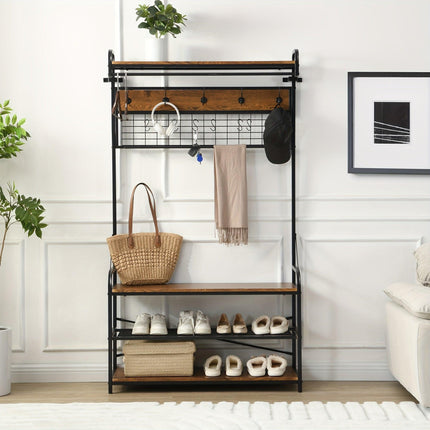 5-in-1 Entryway Hall Tree and 3 Tier Storage Bench, Pipe Style Coat Rack with 9 Hooks, Rustic Brown.