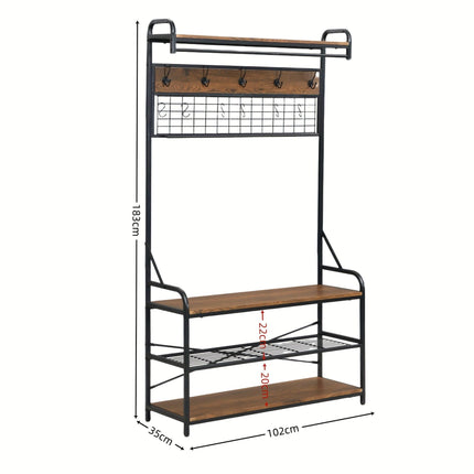 5-in-1 Entryway Hall Tree and 3 Tier Storage Bench, Pipe Style Coat Rack with 9 Hooks, Rustic Brown.