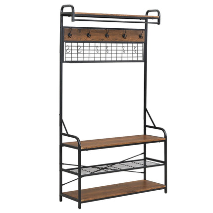 5-in-1 Entryway Hall Tree and 3 Tier Storage Bench, Pipe Style Coat Rack with 9 Hooks, Rustic Brown.