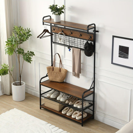 5-in-1 Entryway Hall Tree and 3 Tier Storage Bench, Pipe Style Coat Rack with 9 Hooks, Rustic Brown.
