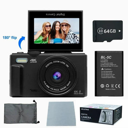 4K Digital Camera for Photography 64MP Vlogging Black.