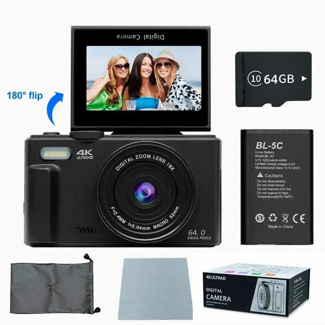 4K Digital Camera for Photography 64MP Vlogging Black.