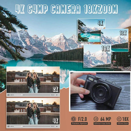 4K Digital Camera for Photography 64MP Vlogging Black.