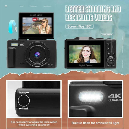 4K Digital Camera for Photography 64MP Vlogging Black.