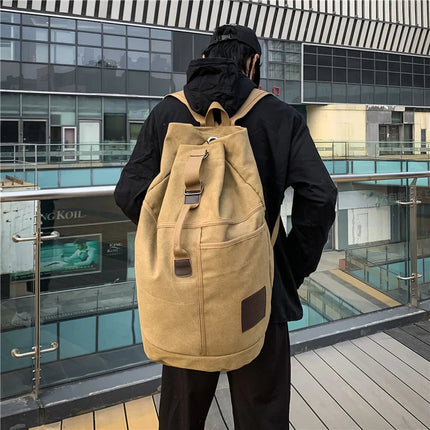 Canvas Travel Backpack with Bucket Design Khaki.