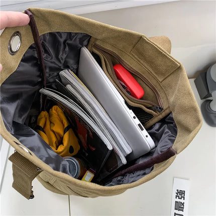 Canvas Travel Backpack with Bucket Design Khaki.