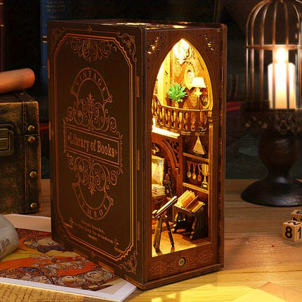 3D Miniature Bookshelf DIY Wooden Bookend Scene.