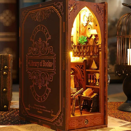 3D Miniature Bookshelf DIY Wooden Bookend Scene.