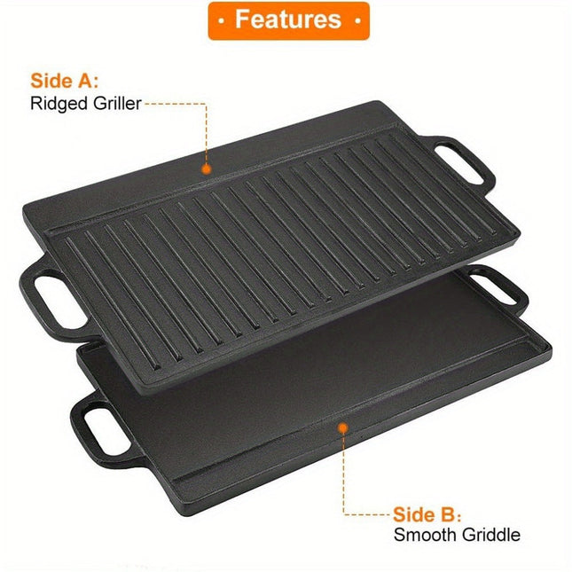 Non-Stick Cast Iron Griddle Pan, Double-Sided Grill.