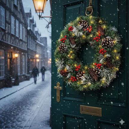 Christmas Wreath Pre-Lit Pine Cone LED Decoration.