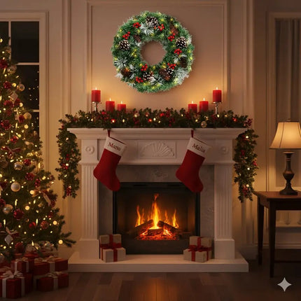 Christmas Wreath Pre-Lit Pine Cone LED Decoration.