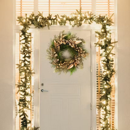 Classic Christmas Wreath Golden Leaves and Berries.