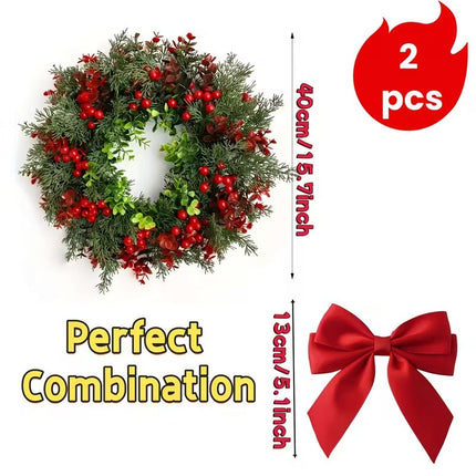 Artificial Christmas Wreath with Red Bow (2pcs).