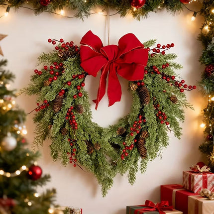 Pine Needle Red Berry Wreath with Heart Bow.