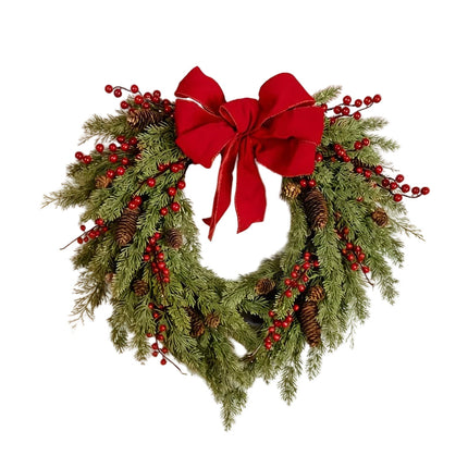 Pine Needle Red Berry Wreath with Heart Bow.
