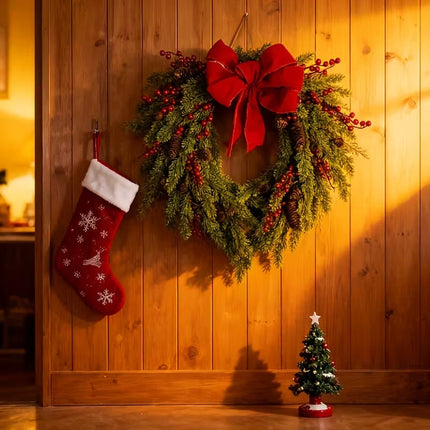 Pine Needle Red Berry Wreath with Heart Bow.