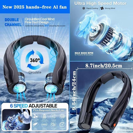 Neck Fan Portable USB 6000mAh 6-Speed Cooling.