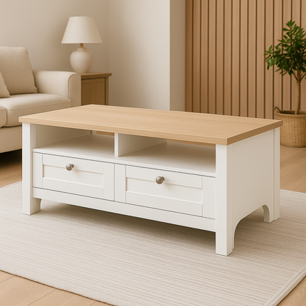 Noosa Coffee Table White Oak 2 Shelf and 2 Drawers.