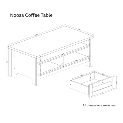 Noosa Coffee Table White Oak 2 Shelf and 2 Drawers.