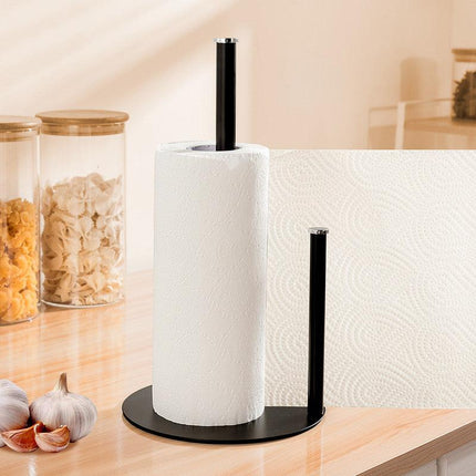 Iron Double Pole Paper Towel Holder for Kitchen Countertop Cling Film Storage Rack-Black.