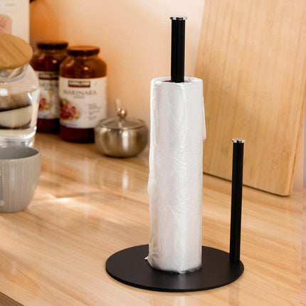 Iron Double Pole Paper Towel Holder for Kitchen Countertop Cling Film Storage Rack-Black.
