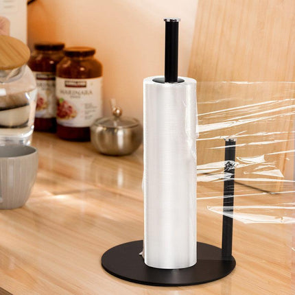 Iron Double Pole Paper Towel Holder for Kitchen Countertop Cling Film Storage Rack-Black.