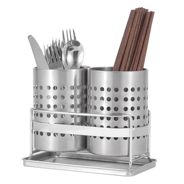 Stainless Steel Double-Tube Cutlery Basket With Storage Rack for Household Kitchen-Silver.