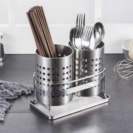 Stainless Steel Double-Tube Cutlery Basket With Storage Rack for Household Kitchen-Silver.
