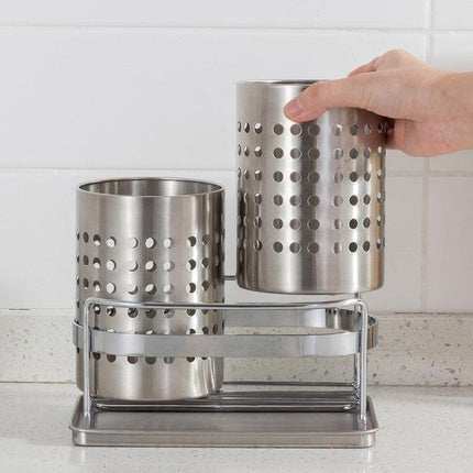 Stainless Steel Double-Tube Cutlery Basket With Storage Rack for Household Kitchen-Silver.