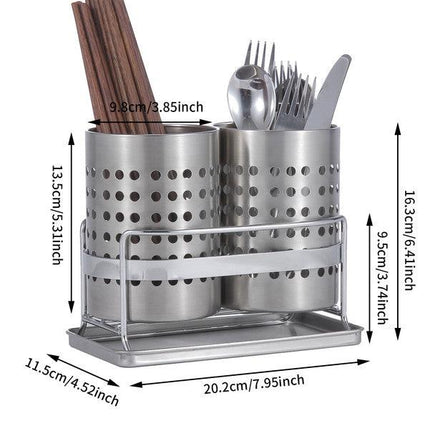 Stainless Steel Double-Tube Cutlery Basket With Storage Rack for Household Kitchen-Silver.