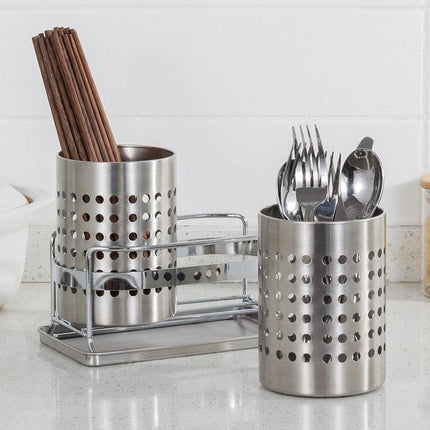 Stainless Steel Double-Tube Cutlery Basket With Storage Rack for Household Kitchen-Silver.