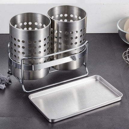 Stainless Steel Double-Tube Cutlery Basket With Storage Rack for Household Kitchen-Silver.