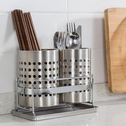 Stainless Steel Double-Tube Cutlery Basket With Storage Rack for Household Kitchen-Silver.