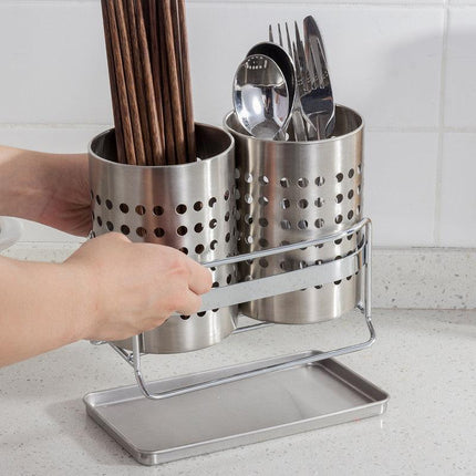 Stainless Steel Double-Tube Cutlery Basket With Storage Rack for Household Kitchen-Silver.