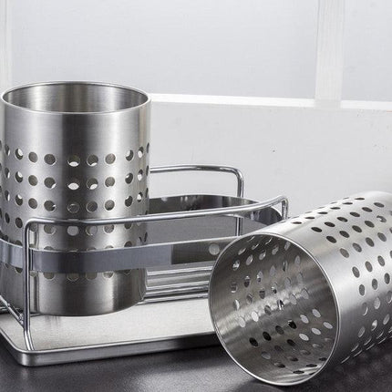 Stainless Steel Double-Tube Cutlery Basket With Storage Rack for Household Kitchen-Silver.
