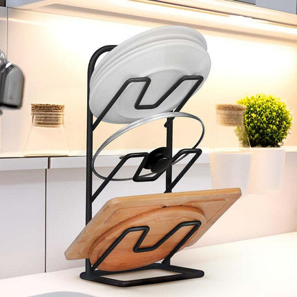 Three-layer Pot Lid Rack Kitchen Countertop Organizer for Cutting Board-Black.