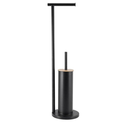 2-in-1 Iron Floor Standing Roll Paper Holder and Bamboo Lid Toilet Brush For Bathroom and Toilet-Black.