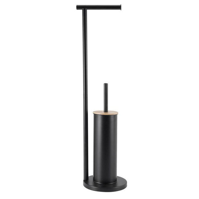 2-in-1 Iron Floor Standing Roll Paper Holder and Bamboo Lid Toilet Brush For Bathroom and Toilet-Black.
