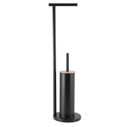 2-in-1 Iron Floor Standing Roll Paper Holder and Bamboo Lid Toilet Brush For Bathroom and Toilet-Black.