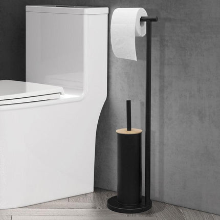 2-in-1 Iron Floor Standing Roll Paper Holder and Bamboo Lid Toilet Brush For Bathroom and Toilet-Black.