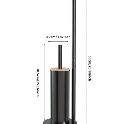 2-in-1 Iron Floor Standing Roll Paper Holder and Bamboo Lid Toilet Brush For Bathroom and Toilet-Black.