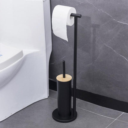 2-in-1 Iron Floor Standing Roll Paper Holder and Bamboo Lid Toilet Brush For Bathroom and Toilet-Black.