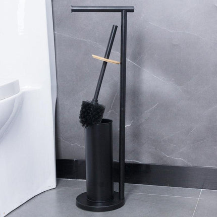 2-in-1 Iron Floor Standing Roll Paper Holder and Bamboo Lid Toilet Brush For Bathroom and Toilet-Black.