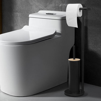 2-in-1 Iron Floor Standing Roll Paper Holder and Bamboo Lid Toilet Brush For Bathroom and Toilet-Black.