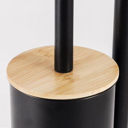 2-in-1 Iron Floor Standing Roll Paper Holder and Bamboo Lid Toilet Brush For Bathroom and Toilet-Black.