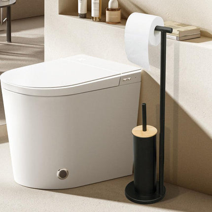 2-in-1 Iron Floor Standing Roll Paper Holder and Bamboo Lid Toilet Brush For Bathroom and Toilet-Black.